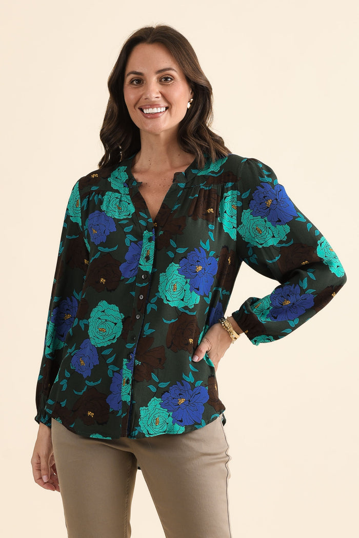 Carina Green Flower Sleeved Blouse,brunette model,Front of Outfit,alt text|model:MJ