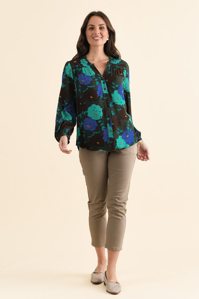 Carina Green Flower Sleeved Blouse,brunette model,Close up of outfit,alt text|model:MJ
