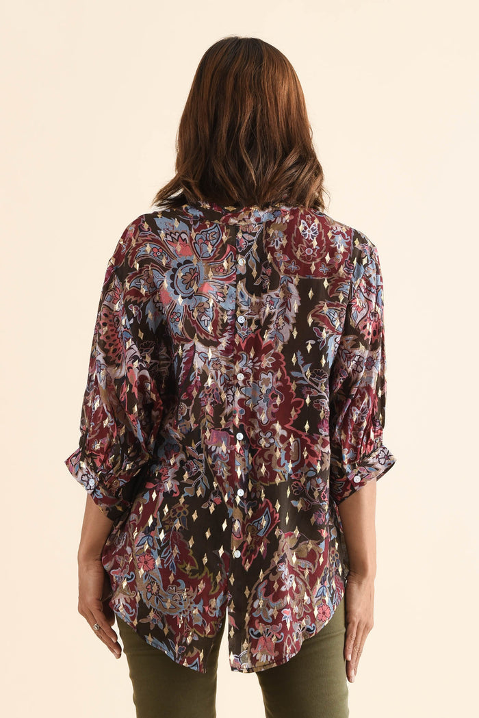 Carleen Red Flower Foil Button Top,Back,Brunette model,alt text|model:Cara