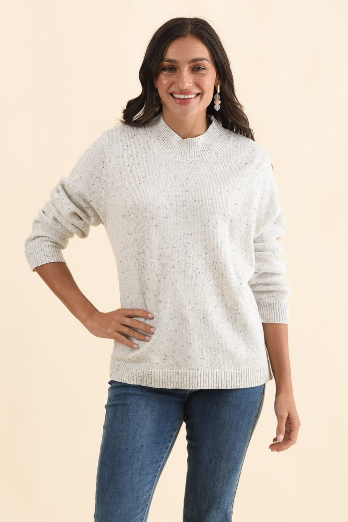 Carlin Grey Marle Knit Jumper,Brunette model,alt text|model:Brontie