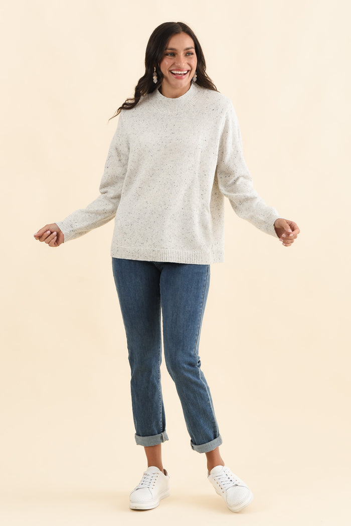 Carlin Grey Marle Knit Jumper,Brunette model,alt text|model:Brontie