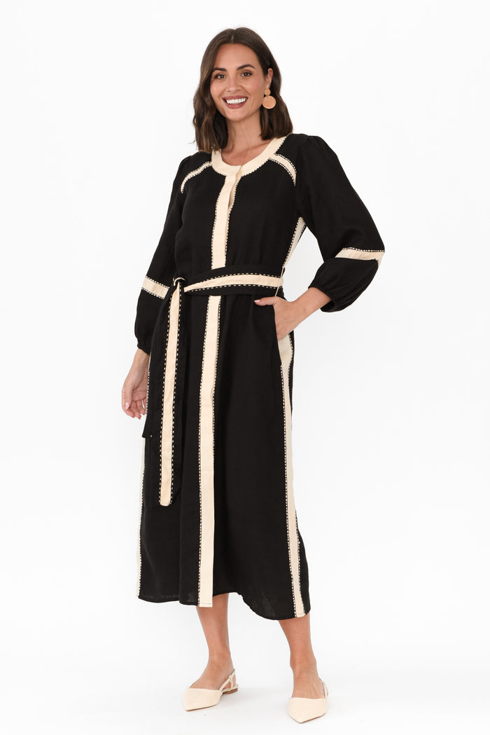 Carolina Black Contrast Linen Tie Dress,Brunette model,alt text|model:MJ