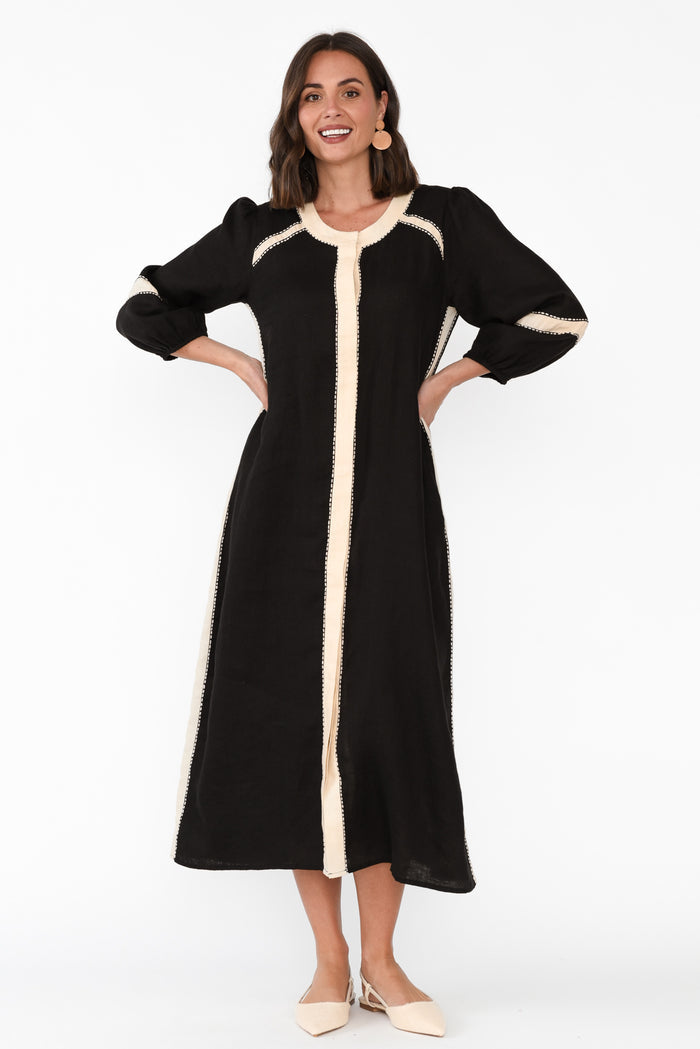 Carolina Black Contrast Linen Tie Dress,Brunette model,alt text|model:MJ