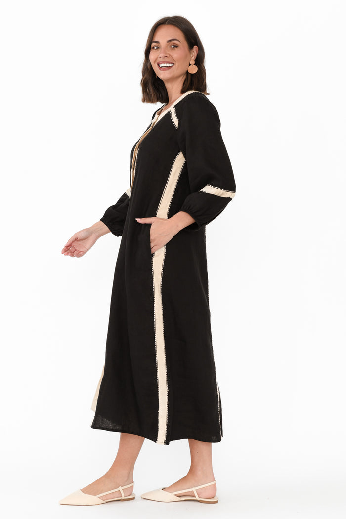 Carolina Black Contrast Linen Tie Dress,Brunette model,alt text|model:MJ