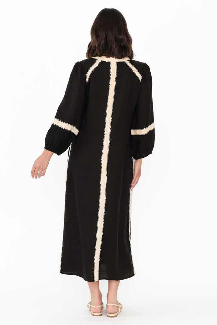 Carolina Black Contrast Linen Tie Dress,Brunette model,alt text|model:MJ