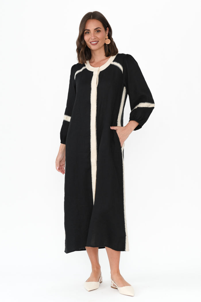 Carolina Black Contrast Linen Tie Dress