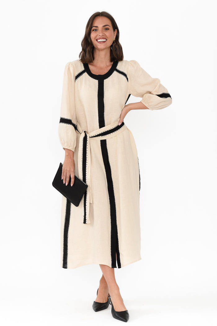 Carolina Cream Contrast Linen Tie Dress,Brunette model,alt text|model:MJ