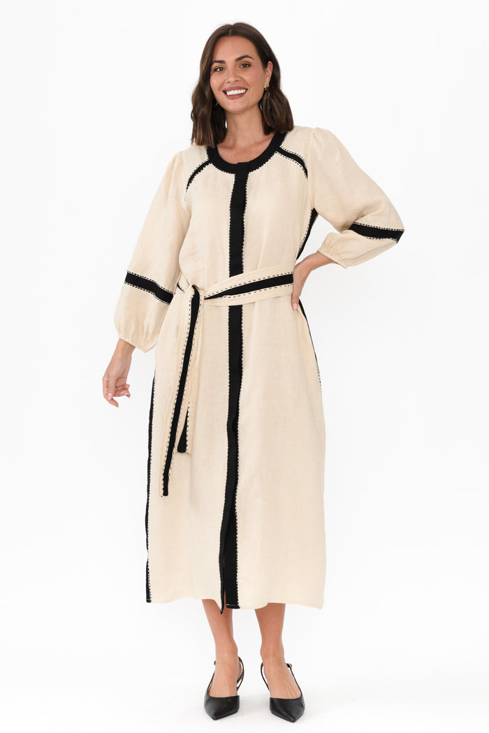 Carolina Cream Contrast Linen Tie Dress,Brunette model,alt text|model:MJ
