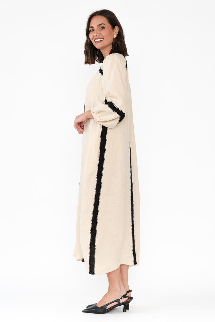 Carolina Cream Contrast Linen Tie Dress,Brunette model,alt text|model:MJ