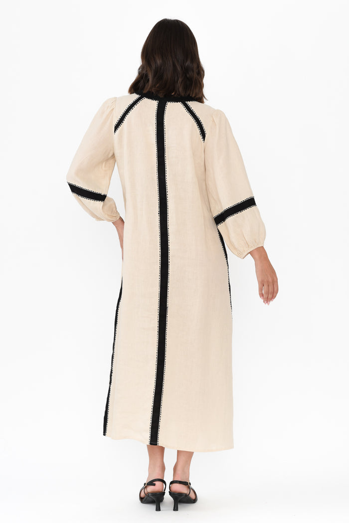 Carolina Cream Contrast Linen Tie Dress,Brunette model,alt text|model:MJ