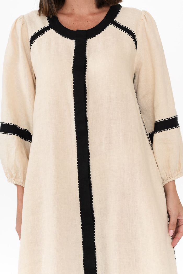 Carolina Cream Contrast Linen Tie Dress,Brunette model,alt text|model:MJ