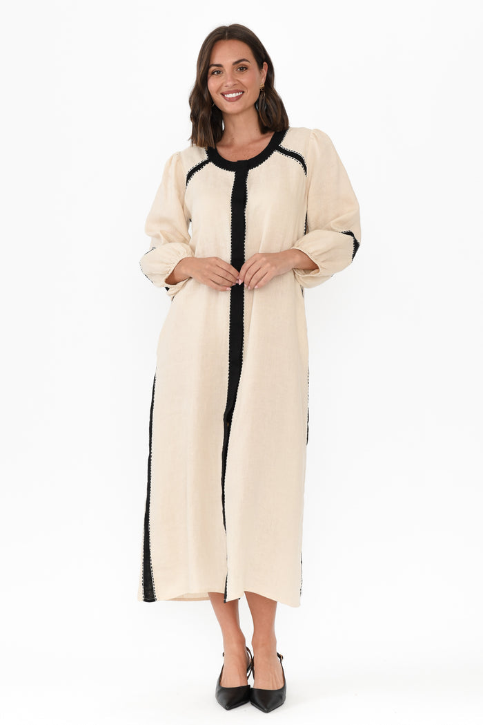 Carolina Cream Contrast Linen Tie Dress,Brunette model,alt text|model:MJ