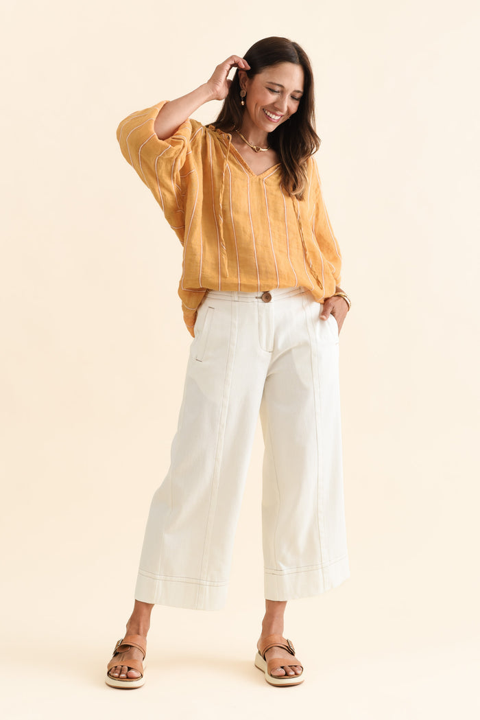 Carsen Cream Wide Leg Jeans,Brunette model,alt text|model:Cara