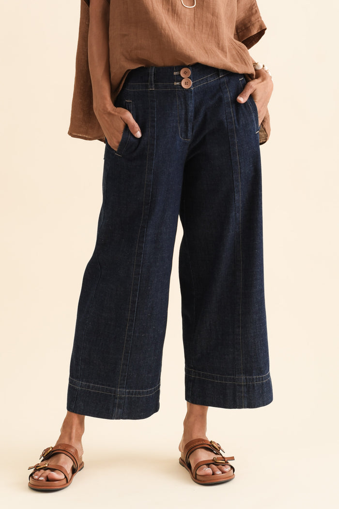 Carsen Dark Blue Wide Leg Jeans,Brunette model,alt text|model:Cara