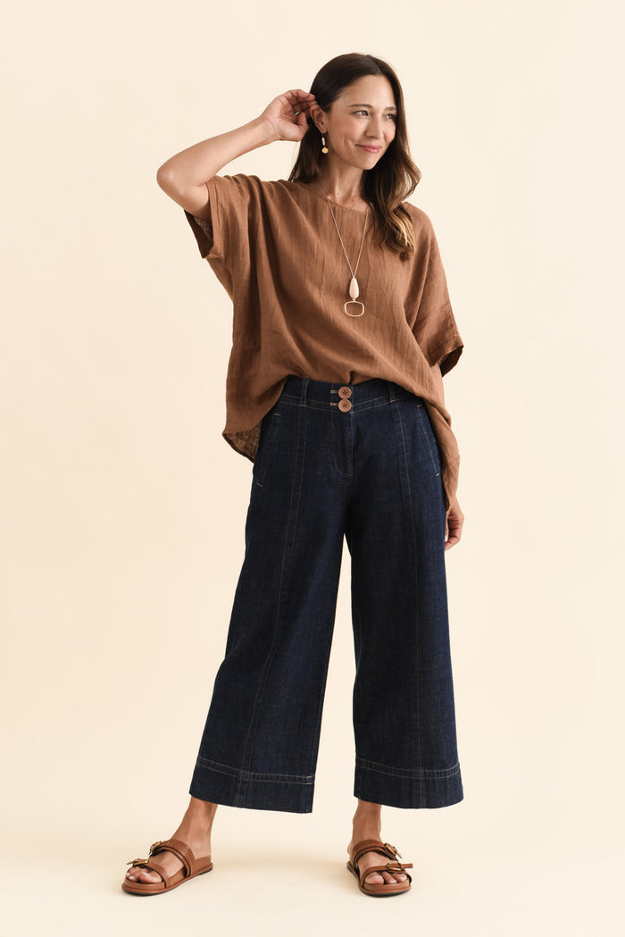 Carsen Dark Blue Wide Leg Jeans,Brunette model,alt text|model:Cara