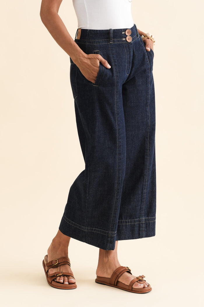 Carsen Dark Blue Wide Leg Jeans,Brunette model,alt text|model:Cara