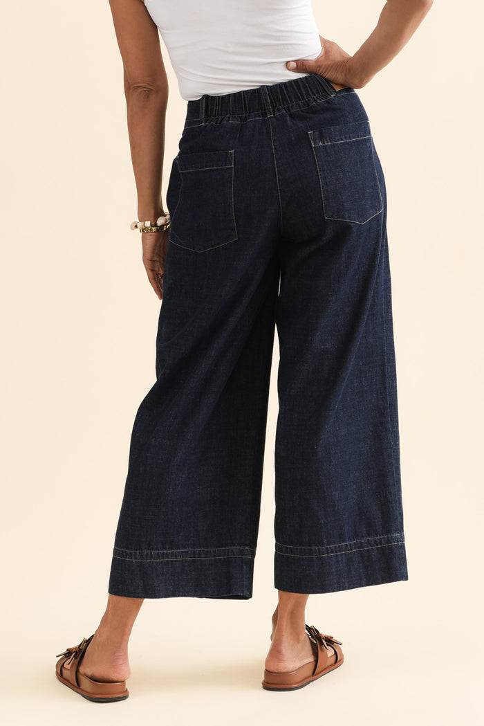 Carsen Dark Blue Wide Leg Jeans,Brunette model,alt text|model:Cara