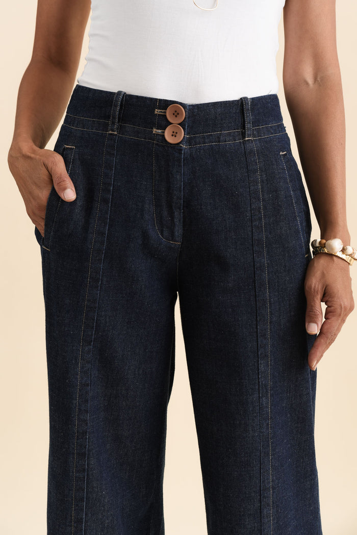 Carsen Dark Blue Wide Leg Jeans,Brunette model,alt text|model:Cara