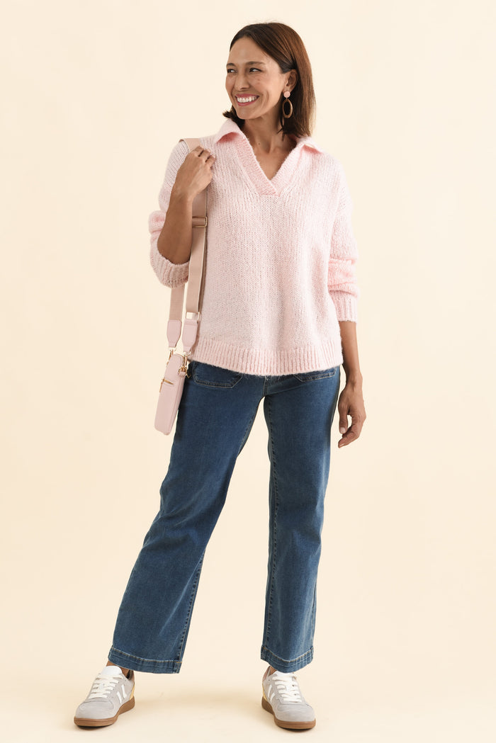 Carson Pink Collared Knit Jumper,Brunette model,alt text|model:Cara