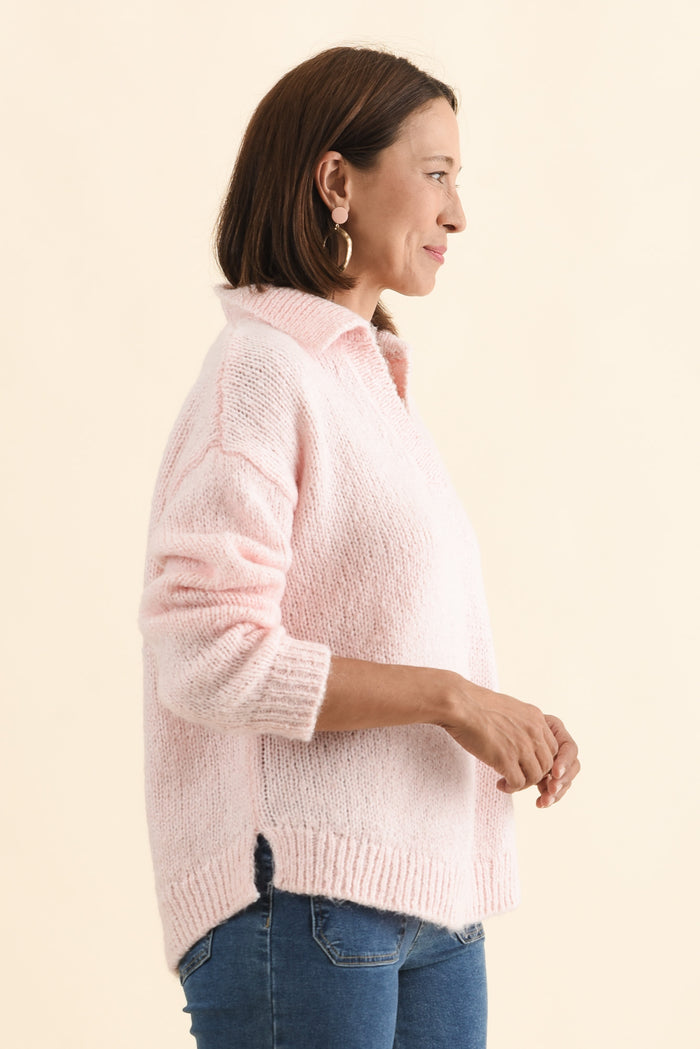 Carson Pink Collared Knit Jumper,Brunette model,alt text|model:Cara