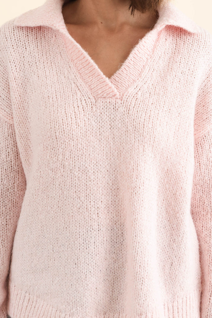 Carson Pink Collared Knit Jumper,Brunette model,alt text|model:Cara