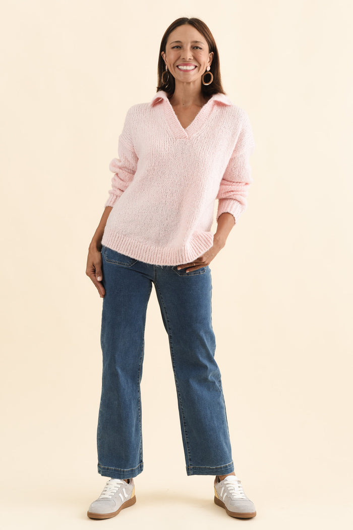 Carson Pink Collared Knit Jumper,Brunette model,alt text|model:Cara