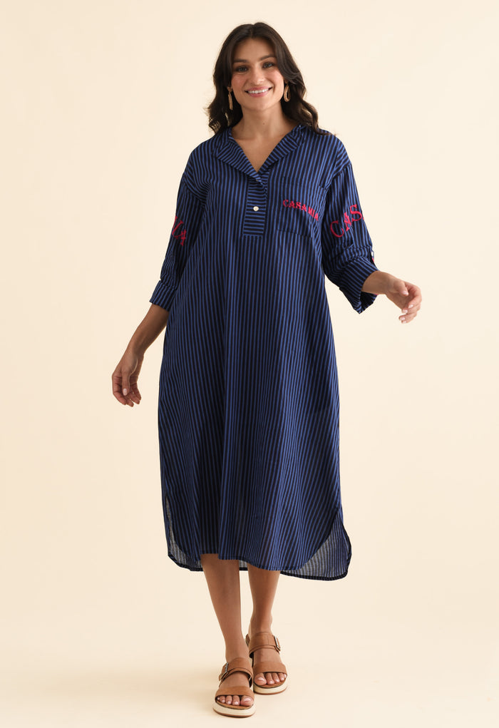 Casa Blue Stripe Cotton Dress,Brunette model,alt text|model:Brontie
