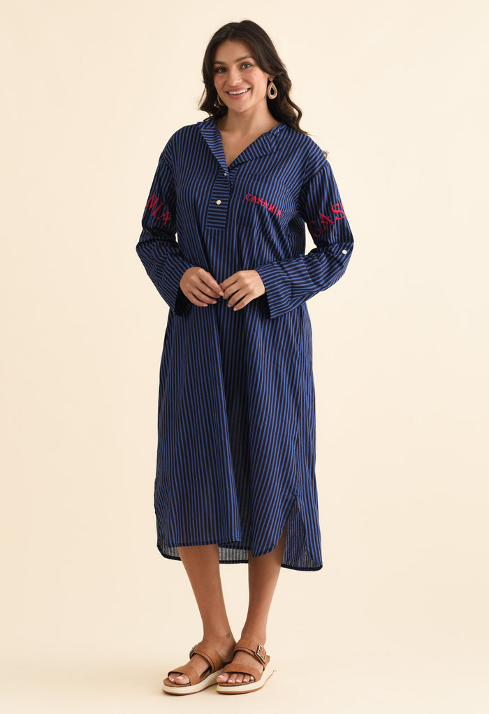 Casa Blue Stripe Cotton Dress,Brunette model,alt text|model:Brontie