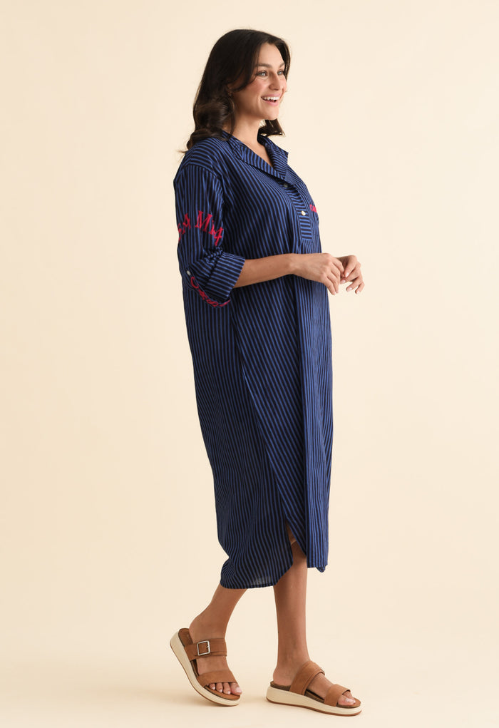 Casa Blue Stripe Cotton Dress,Brunette model,alt text|model:Brontie
