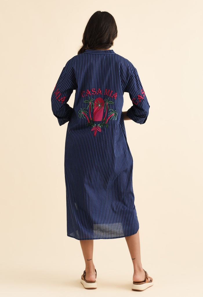 Casa Blue Stripe Cotton Dress,Brunette model,alt text|model:Brontie