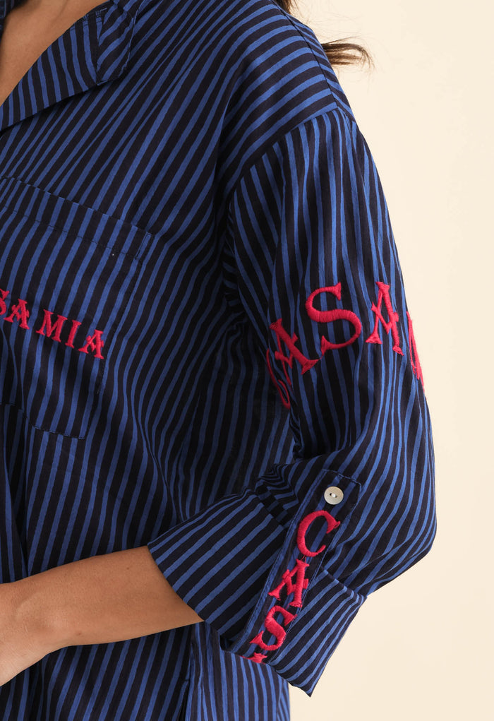 Casa Blue Stripe Cotton Dress,Brunette model,alt text|model:Brontie