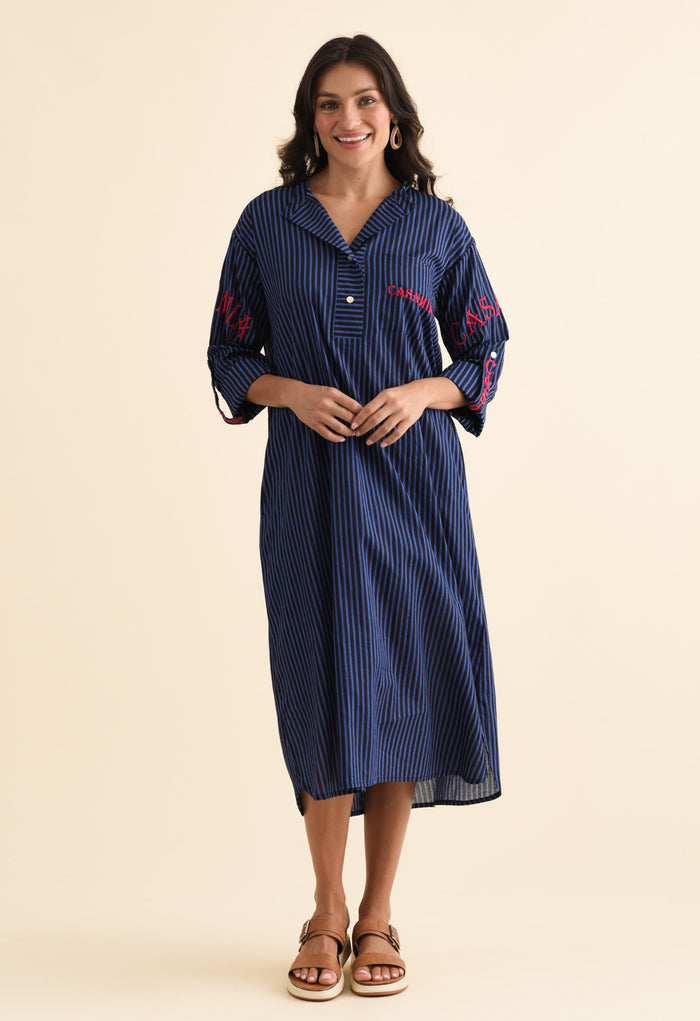 Casa Blue Stripe Cotton Dress,Brunette model,alt text|model:Brontie