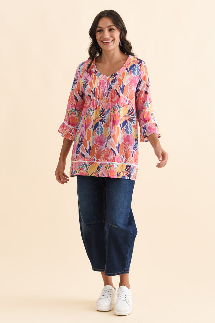 Cassidy Red Blossom Cotton Sleeved Top,Brunette model,alt text|model:Brontie