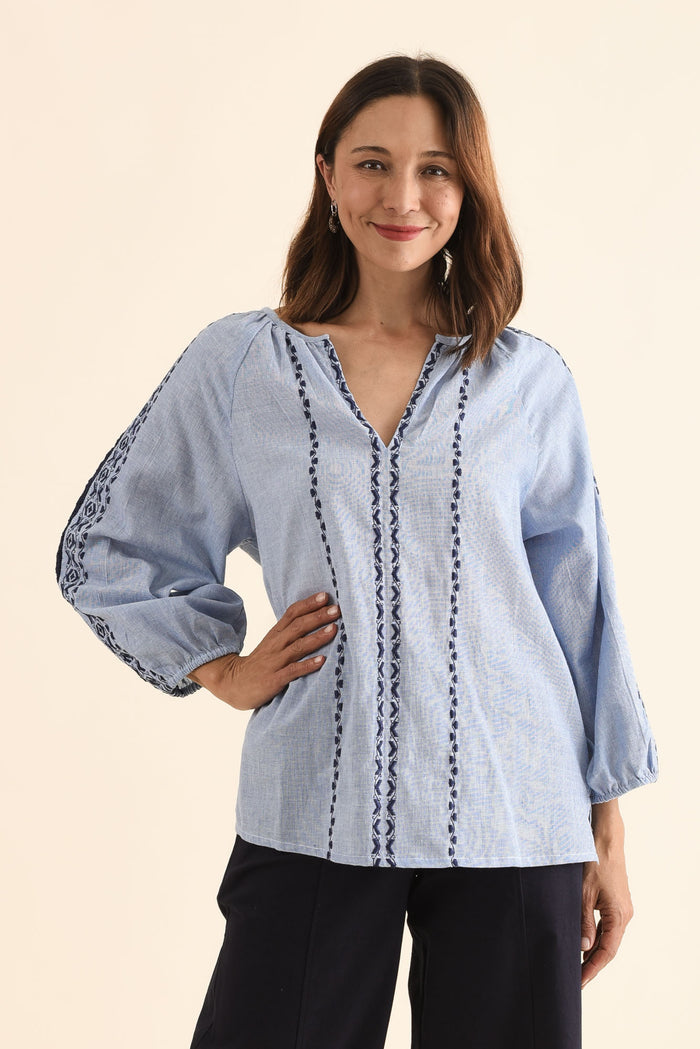 Caven Blue Cotton Embroidered Top,Front,Brunette model,alt text|model:Cara