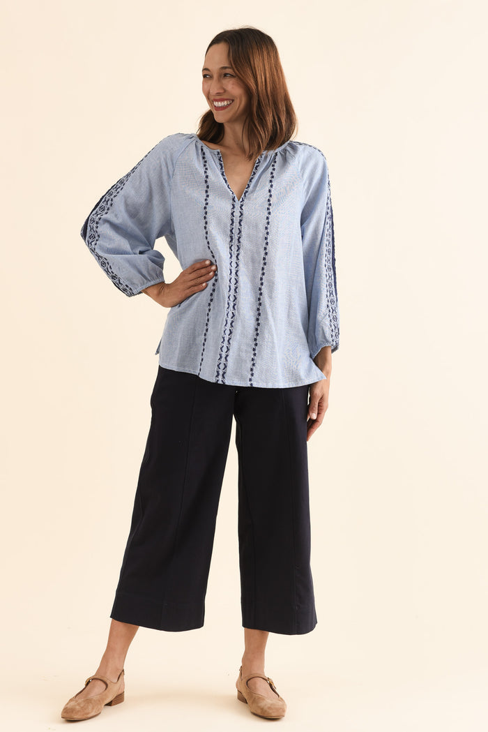 Caven Blue Cotton Embroidered Top,Full Body,Brunette model,alt text|model:Cara