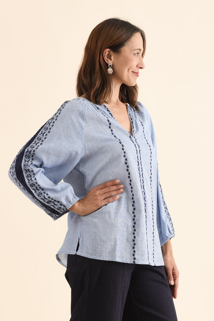 Caven Blue Cotton Embroidered Top,Side,Brunette model,alt text|model:Cara