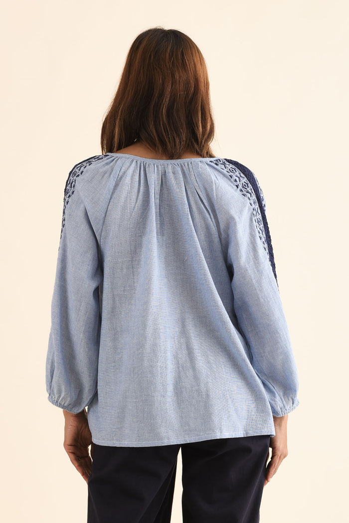 Caven Blue Cotton Embroidered Top,Back,Brunette model,alt text|model:Cara