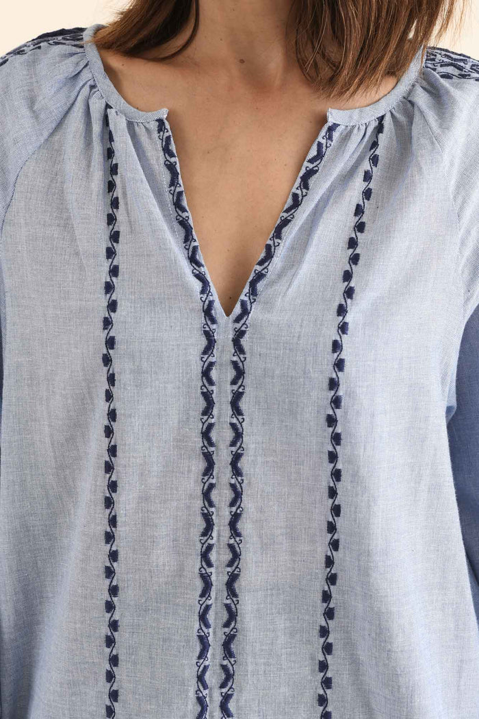 Caven Blue Cotton Embroidered Top,Detail,Brunette model,alt text|model:Cara