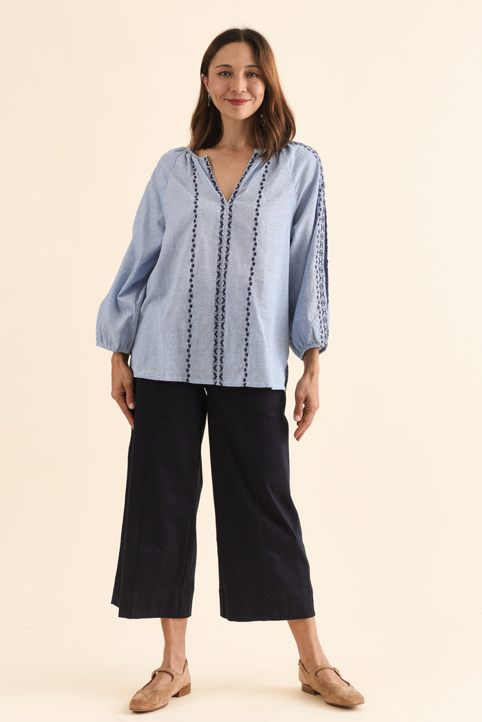 Caven Blue Cotton Embroidered Top,Full Body,Brunette model,alt text|model:Cara