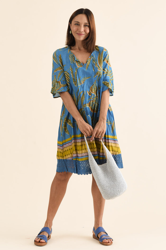 Cayman Blue Island Cotton Tunic Dress,Front,Brunette model,alt text|model:Cara