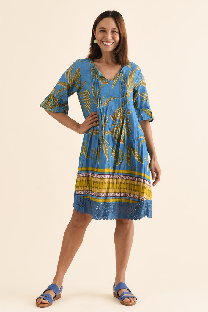 Cayman Blue Island Cotton Tunic Dress,Full Body,Brunette model,alt text|model:Cara