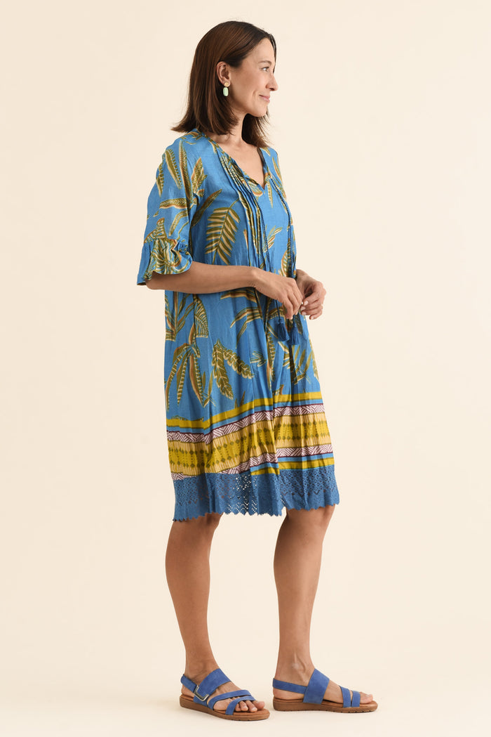 Cayman Blue Island Cotton Tunic Dress,Side,Brunette model,alt text|model:Cara