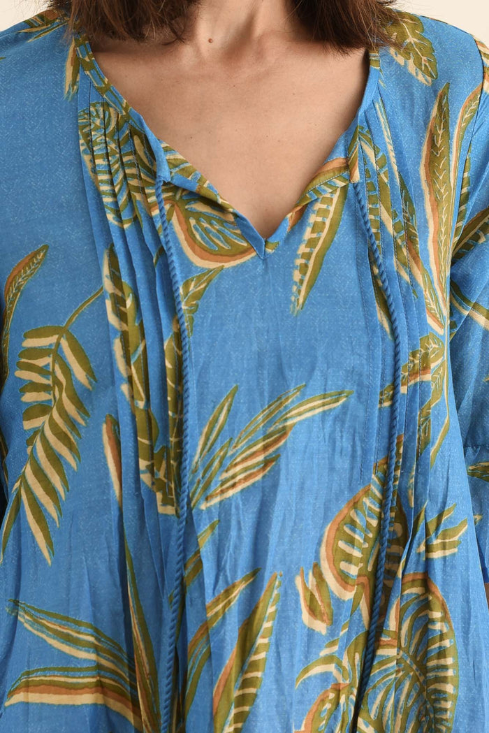 Cayman Blue Island Cotton Tunic Dress,Detail,Brunette model,alt text|model:Cara
