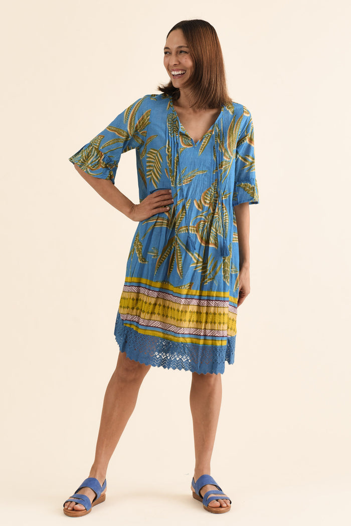 Cayman Blue Island Cotton Tunic Dress,Full Body,Brunette model,alt text|model:Cara