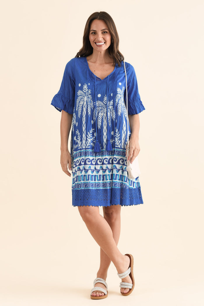 Cayman Cobalt Beach Cotton Tunic Dress,Front,Brunette model,alt text|model:MJ