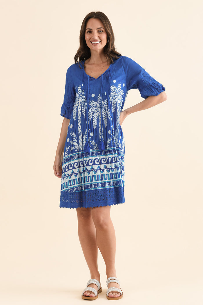 Cayman Cobalt Beach Cotton Tunic Dress,Full Body,Brunette model,alt text|model:MJ