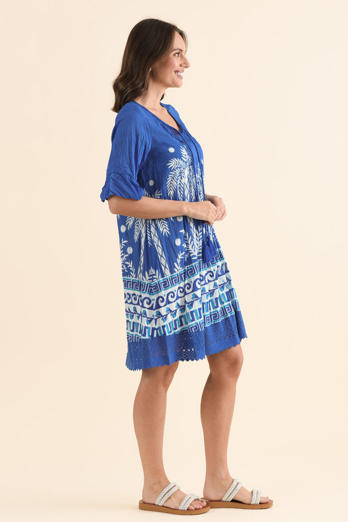 Cayman Cobalt Beach Cotton Tunic Dress,Side,Brunette model,alt text|model:MJ