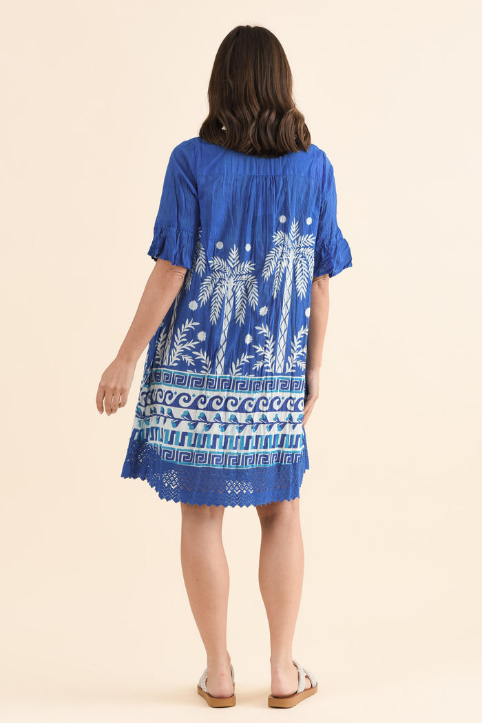 Cayman Cobalt Beach Cotton Tunic Dress,Back,Brunette model,alt text|model:MJ