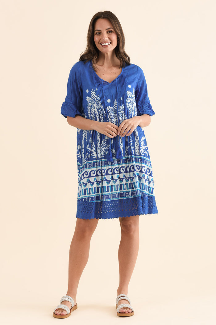 Cayman Cobalt Beach Cotton Tunic Dress,Full Body,Brunette model,alt text|model:MJ