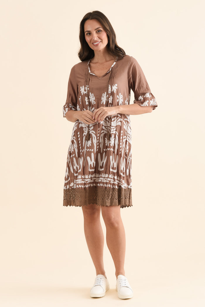 Cayman Mocha Beach Cotton Tunic Dress,Full Body,Brunette model,alt text|model:MJ